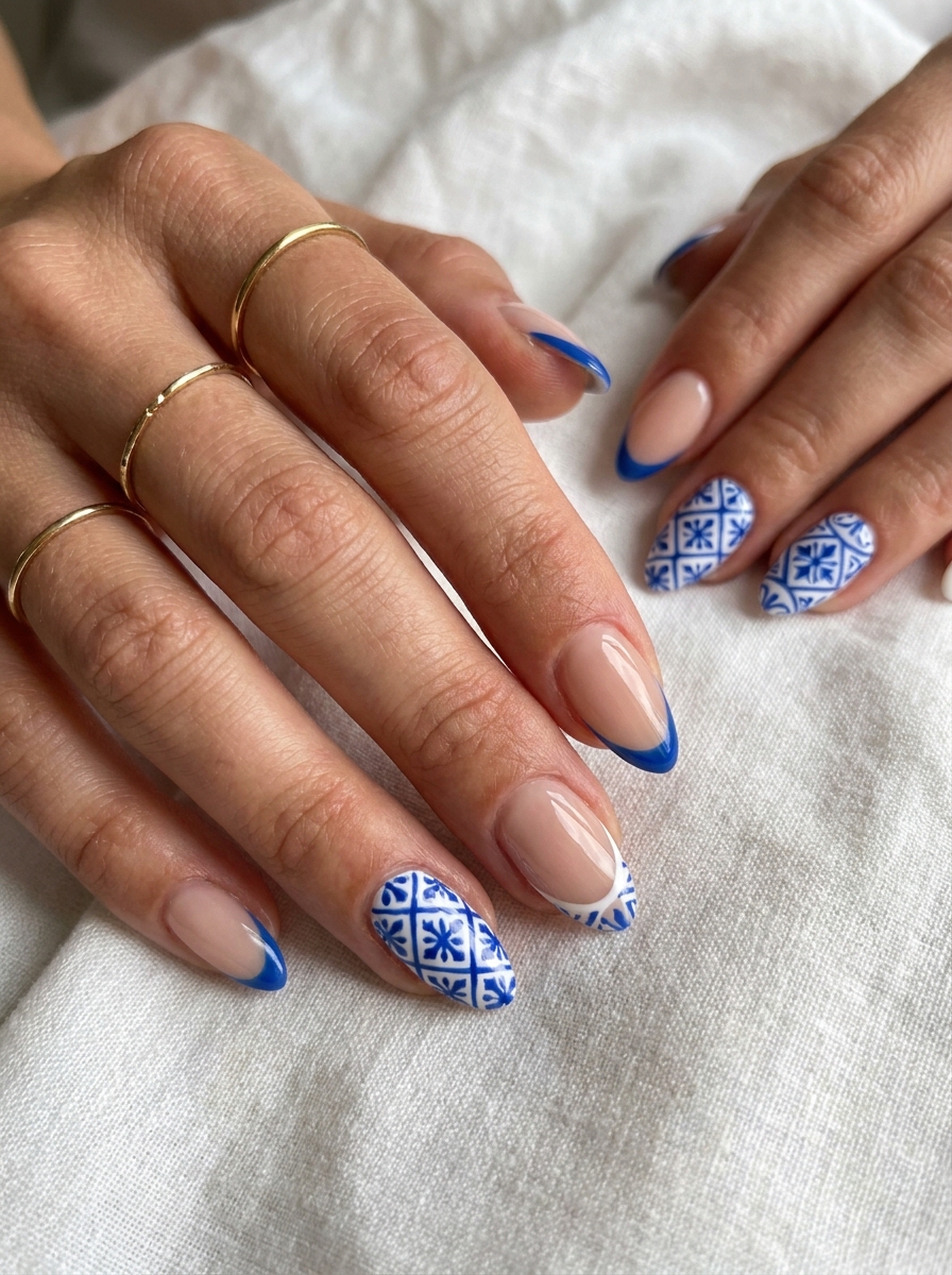 Greek Tile Nails mit feinen blauen Mosaikmustern